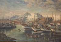 Auktion 346<br>E.Riess Hbg -Altona, norweg. Hafen vor Gebirge, Öl/Leinwand, 1x Riss (ca. 5cm), gerahmt, RG 73 x 98cm.