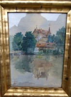 Auktion 344 / Los 4050 <br>Julia BECK (1853-1935) attrib., 1919 "Schloss am Wasser" Aquarell, ger/Glas, RG 85x70 cm