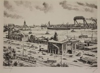 Auktion 335 / Los 5008 <br>A.Lang, Ansicht Hamburg, Radierung, ger./Glas, RG 31,5 x 41,5cm.