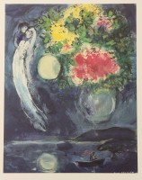 Auktion 335 / Los 5028 <br>Marc Chagall (1887-1985), im Druck sign., Liebespaar mit Blumenstrauß, Grano-Lithographie nach dem Gemälde von 1949, Ars-Mundi, gerahmt/Glas, RG 73 x 53cm.