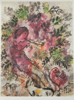 Auktion 335 / Los 5029 <br>Marc Chagall (1887-1985), im Druck sign., Der Flötenspieler, Grano-Lithographie nach dem Gemälde von 1955, Ars-Mundi, gerahmt/Glas, RG 82,5 x 62,5cm.