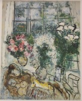 Auktion 335 / Los 5030 <br>Marc Chagall (1887-1985), im Druck sign., Das weiße Fenster, Grano-Lithographie nach dem Gemälde von 1955, Ars-Mundi, gerahmt/Glas, RG 82,5 x 62,5cm.