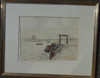 Auktion 335 / Los 5053 <br>Sophie WENCKE (1874-1963) "Hammeansicht" gr. aquarellierte Zeichnung, ger/Glas, RG 46x58 cm