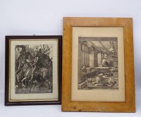 Los  <br>2 xDrucke nach Dürer, "Ritter, Tod und Teufel" und "Der heilige Hieronymus im Gehäus", beide gerahmt, 1 x hinter Glas, BG: 43,5 x 33,5 cm und 27,3 x 33,3 cm, Rahmen mit Altersspuren