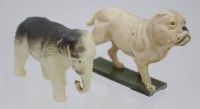 Los 12032 <br>2x alte Celluloid-Tierfiguren, Elefant und Hund dieser beschädigt, ca. H-7,3cm L-10,8cm