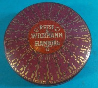 Los  <br>runde Blech-Deckeldose mit Hamburg-Wappen "Reese&amp;Wichmann" Schokoladenfarbik am Südkanal, H-3 cm, D-8 cm