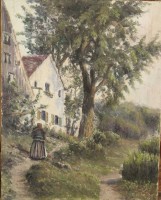 Los  <br>u.l. undeutl. signiert, Bäuerin vor Haus, Öl/Leinwand, wohl um 1900, ungerahmt, 48 x 37,5cm.