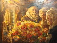 Los  <br>Dan, Personen mit Blumenkorb, Öl/Hartfaser, wohl Niederlande, 79 x 104cm.