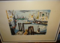 Auktion 344 / Los 5051 <br>Tom HOPS (1906-1976), Hafenszene, Lithografie mit Widmung, ger/Glas, RG 47x63,5 cm