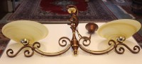 Auktion 346<br>2flammige Deckenlampe, Metall, Kunstglasschirme wohl Murano, ca. H-46cm B-99cm
