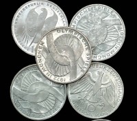 Auktion 347 / Los 6006 <br>12x 10 DM Sondermünzen, Olympia 1972 in München, Silber, ca. 185 gr. gr, Nennwert 60 Euro, 2 verschiedene