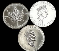 Auktion 351 / Los 6030 <br>3x 5 Dollar, Cananda , 1992/1993/1994, stempelglanz, Silber-999, 94,3 gr.