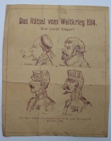 Auktion 347 / Los 7007 <br>Blatt "Das Rätsel vom Weltkrieg 1914 . Wer bleibt Sieger?", Alters-u. Gebrauchsspuren, BG 30 x 24,5cm.