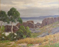 Auktion 347 / Los 4002 <br>Alfred GREGERS-RASMUSSEN (1904-1994), Küstenlandschaft, Öl/Leinwand, gerahmt, Rahmen mit Beschädigungen, RG 53 x 62,5cm.