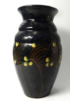 Auktion 347 / Los 9039 <br>Velter-Vordamm Post Jugendstil/Art Deco Vase mit Emaille-Malerei, getreppter Hals, H-23 cm, Rand kl. Farbabplatzer