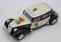 Auktion 347 / Los 12010 <br>Polizei-Wagen, Boman, Spanien, Batteriebetrieb, hintere Stoßstange beschädigt, Funktion nicht geprüft, H-10cm L-28cm.