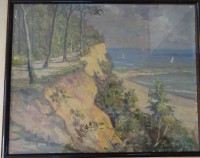 Auktion 354 / Los 4012 <br>Fritz MOELLER-SCHLÜNZ (1900-1990)  "Kreidefelsen bei Kap Arkona mit Segelbooten", Öl/Malfaser,? ger/Glas, , RG 41x51 cm