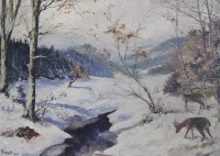 Auktion 348 / Los 4018 <br>Michaelis, Winterlandschaft mir Reh, Öl/Hartfaser, gerahmt, RG 70,5 x 90,5cm, Sperrgut!