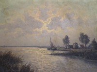 Auktion 348 / Los 4020 <br>undeutl.signiert, Landschaft mit Fischerboot, Öl/Leinwand, gerahmt, RG 76,5 x 96cm, Sperrgut!