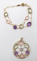 Auktion 348 / Los 1219 <br>aufwendig gearbeitetes Set aus 750er GG , besetzt mit Brillantem, Amethyst, Aquamarin und Rosenquarz, zus. ca. 21,8gr., Anhänger D-4,5cm, Armband L-19cm