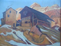 Auktion 348 / Los 4036 <br>Otto KUHN (1918-1980), Häuser am Berg, Öl/Leinen, gerahmt, restaurierungsbedürftig, RG 63x74 cm