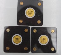 Auktion 348 / Los 6046 <br>3x kl. Goldmünzen, 30 Jahre Mauerfall in Deutschland, 1/500 Unze, 2019, Tschad 3000 Francs CFA