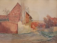 Auktion 348 / Los 4048 <br>Carl JUNG (1852-?), Dorfansicht, Aquarell, verso betitelt "Sonniger Abend", ger./Glas, RG 31 x 24cm