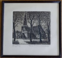 Auktion 348 / Los 5033 <br>Dora Timmermann (XX), Kirche in Bergedorf, gewr/Glas, RG 23x23 cm