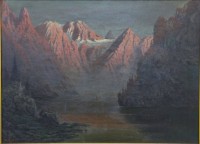 Auktion 348 / Los 4062 <br>Alois ARNEGGER (1879-1963)  wohl? schwer lesbar. signiert "Fjordlandschaft im Morgenlicht" Öl/Leinen, gut gerahmt, RG 88x107 cm, Rahmentiefe 17 cm!, Leinen Alters-u. Gebrauchsspuren