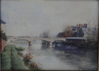 Auktion 348 / Los 4065 <br>Proussant -Eugene  "Flusslandschaft mit Brücke", Aquarell, ger/Glas, RG 32x41 cm