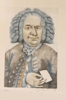 Auktion 349 / Los 5001 <br>Michael Mathias PRECHTL (1926-2003), Johann Sebastian Bach (1979), Farboffsetlithographie, Nr. 49/150, ger./Glas, RG 40,4 x 30,4cm