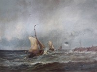 Auktion 349 / Los 4010 <br>Hugh VAN DONGEN (XX), Boote vor Küste, Öl/Leinwand, 1x Druckstelle, gerahmt, RG 71,5 x 91cm