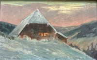 Auktion 349 / Los 4011 <br>H. Sachse, 1920 "Haus in den Winter Bergen" Öl/Platte, 20x29 cm, lt gerahmt, verso unleserlich beschriftet? RG 32x42 cm