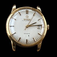 Auktion 349 / Los 2038 <br>Herrenuhr "Omega" automatic, Geneve, Goldgehäuse 750-ein Lederarmband lose anbei, Werk läuft