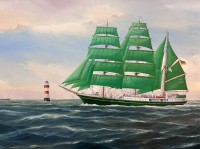 Auktion 349 / Los 4040 <br>Klaus Roskamp (1941) "Segelschiff Alexander von Humboldt vor Leuchtturm" Öl/Leinen, gerahmt, RG 50x70 cm