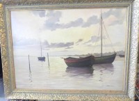 Auktion 349 / Los 4042 <br>Hans Wagner (1921) "Boote am Ufer" Öl/Platte, gut gerahmt, RG 60x79 cm