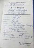 Auktion 349 / Los 6050 <br>Kladde mit  Dienstzeugnisse des Norddt. Lloyds für einen Matrosen ab 1927, 18x12 cm