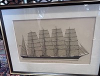 Auktion 349 / Los 5027 <br>Lithografie "5 Mast Segelschiff Potosi, ger/Glas, RG 37x52 cm