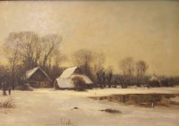 Auktion 350 / Los 4011 <br>Fritz LATTKE (1895-1980), Winterlandschaft mit Kate, Öl/Hartfaser, gerahmt, RG 54,5 x 69,3cm, leicht restau. bedürftig