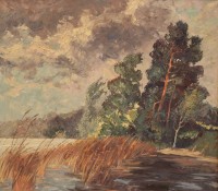 Auktion 350 / Los 4019 <br>Fritz STARK (1916-1998)  norddt. Landschaft, Öl/Leinwand, gerahmt, RG 85,5 x 96cm, Oldenburger Künstler