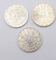 Auktion 350 / Los 6021 <br>3x div. 25 Schilling Münzen, Österreich, 1956, 1964 u. 1971, zus. 38,7gr., D-3cm