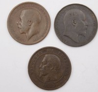 Auktion 350 / Los 6030 <br>3x One Penny-Münzen, Kupfer, 1853, 1903 u. 1911