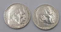 Auktion 350 / Los 6035 <br>2x 5 Reichsmark, Hindenburg, 1936/37, D-2,9cm