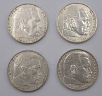 Auktion 350 / Los 6036 <br>4x 2 Reichsmark , Hindenburg, 1937/38/39, D-2,5cm