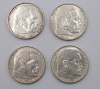 Auktion 350 / Los 6037 <br>4x 2 Reichsmark , Hindenburg, 1937/38/39, D-2,5cm