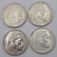 Auktion 350 / Los 6038 <br>4x 2 Reichsmark , Hindenburg, 1937/39, D-2,5cm