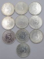 Auktion 350 / Los 6044 <br>10x 5 D-Mark Münzen, 1966 bis 1974, 112gr.