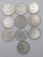 Auktion 350 / Los 6045 <br>10x 5 D-Mark Münzen, 1951 bis 1966, 112gr.