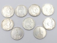 Auktion 350 / Los 6047 <br>9x 5 Reichsmark, Hindenburg und Kyffhäuser, 1934 bis 1936, 124,6gr.