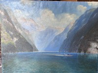 Auktion 350 / Los 4028 <br>gr. anonymes Gemälde "Königssee" Öl/Leinen, 93x120 cm, (Sperrgut), eine hinterlegte Stelle